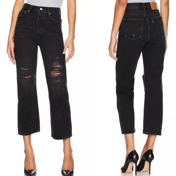 Levi's Ribcage Straight Ankle Jeans In Skewed Break Black Women's Size 24 - Picture 1 of 8